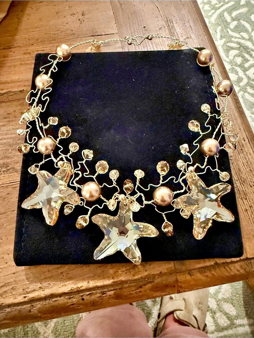 Artisan Art to Wear Crystal Starfish Pearl Wire Statement Necklace OOAK Resort